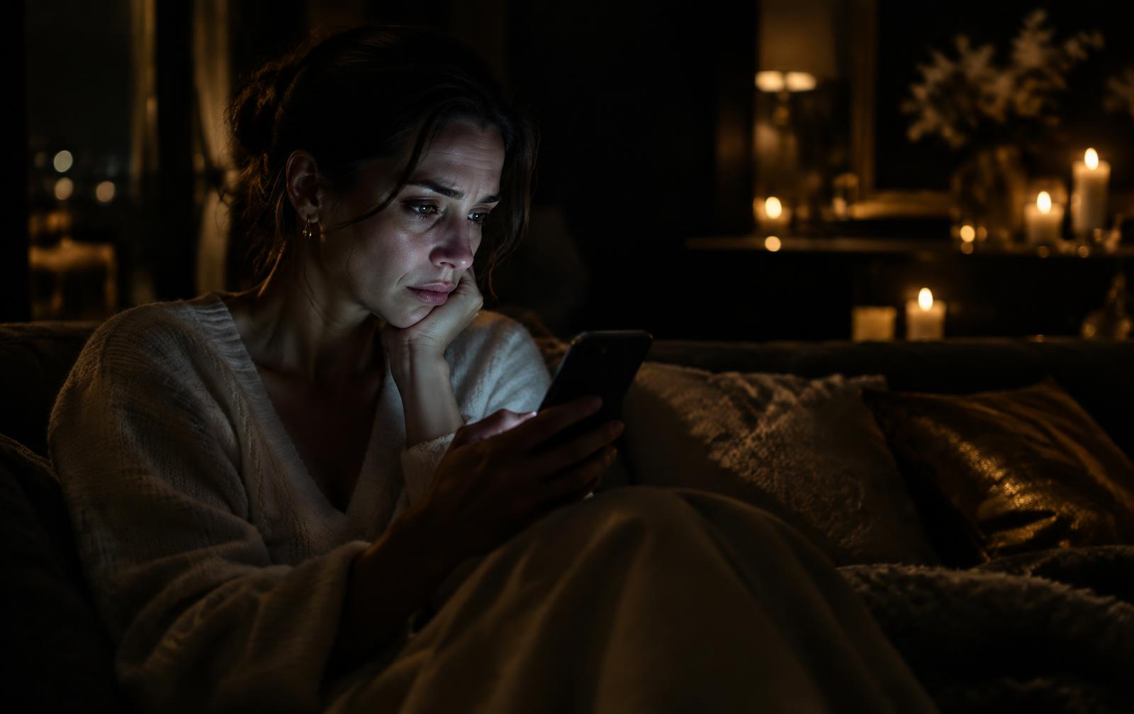 Persona mirando su móvil con preocupación, esperando una respuesta