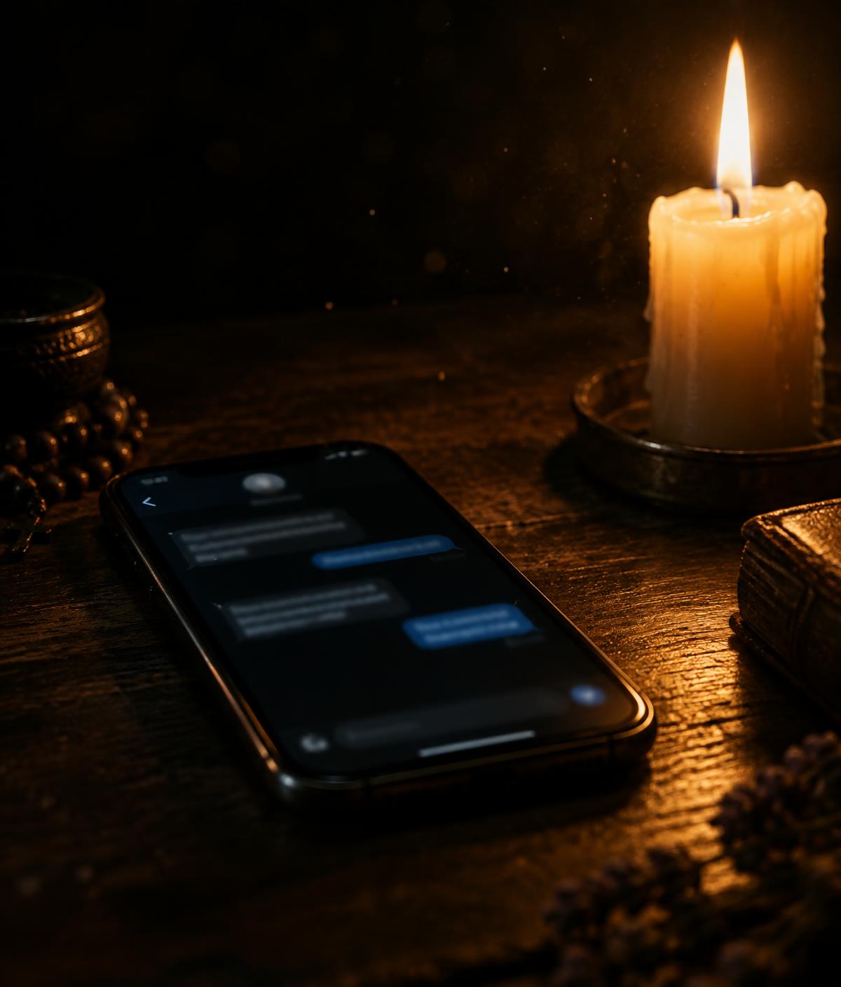Móvil sin respuesta junto a una vela encendida